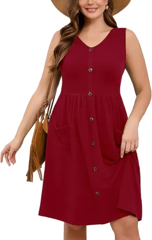 AusLook Plus Size Women Summer Dresses Sleeveless Casual Loose Swing Button Down Midi Dress with Pockets 1X-5X