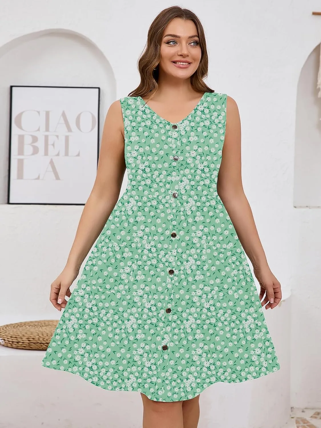 AusLook Plus Size Women Summer Dresses Sleeveless Casual Loose Swing Button Down Midi Dress with Pockets 1X-5X