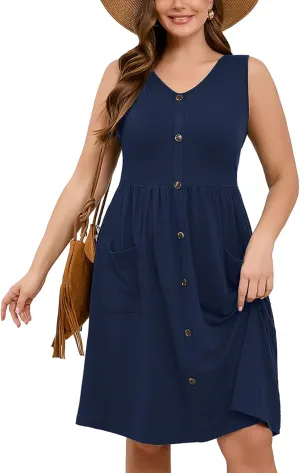 AusLook Plus Size Women Summer Dresses Sleeveless Casual Loose Swing Button Down Midi Dress with Pockets 1X-5X