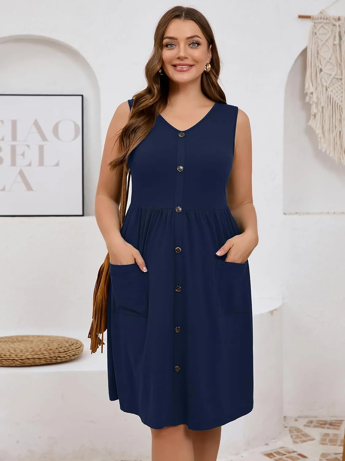 AusLook Plus Size Women Summer Dresses Sleeveless Casual Loose Swing Button Down Midi Dress with Pockets 1X-5X