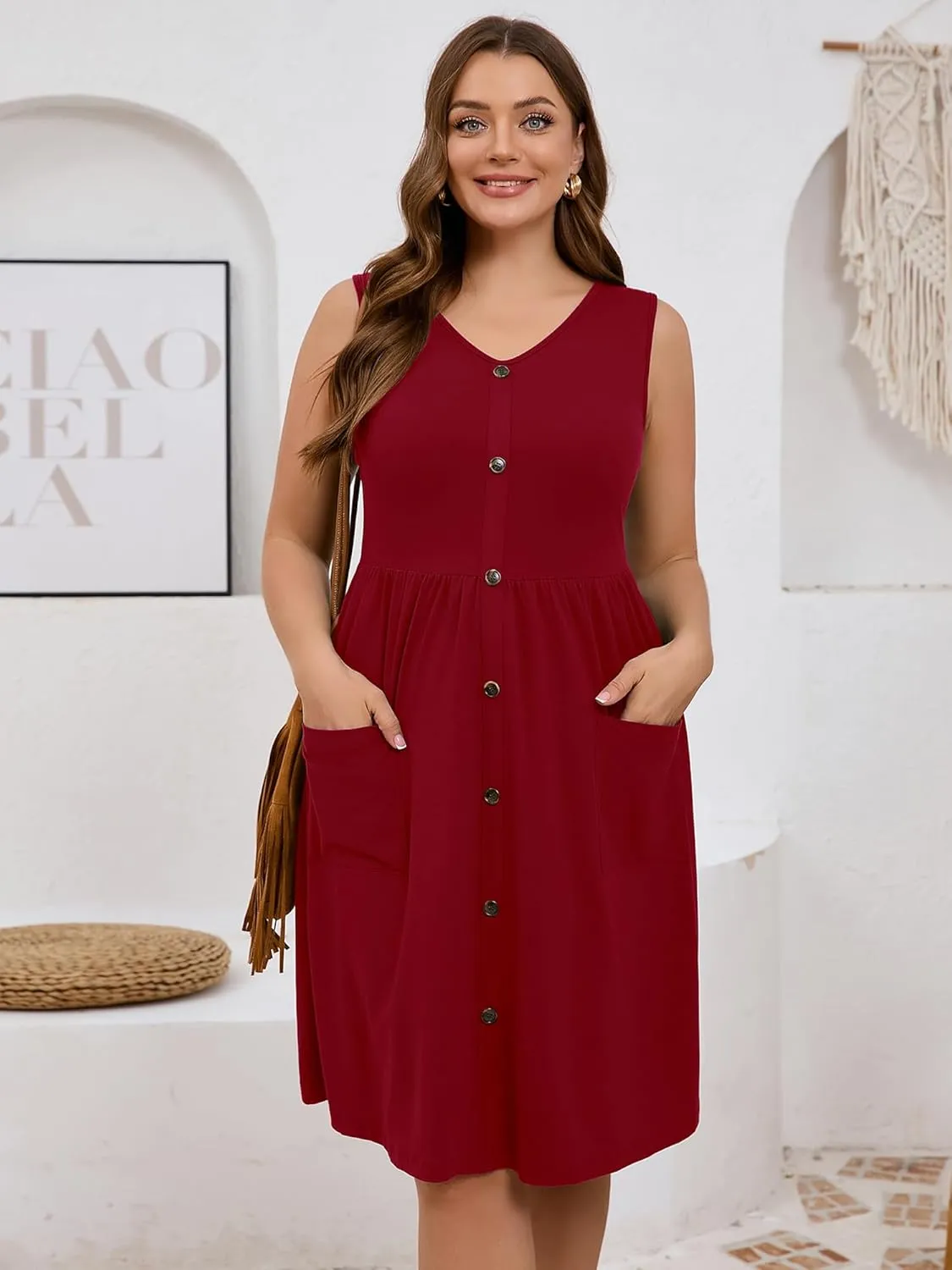 AusLook Plus Size Women Summer Dresses Sleeveless Casual Loose Swing Button Down Midi Dress with Pockets 1X-5X