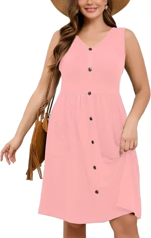 AusLook Plus Size Women Summer Dresses Sleeveless Casual Loose Swing Button Down Midi Dress with Pockets 1X-5X