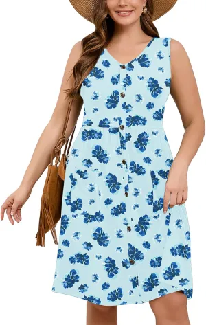 AusLook Plus Size Women Summer Dresses Sleeveless Casual Loose Swing Button Down Midi Dress with Pockets 1X-5X