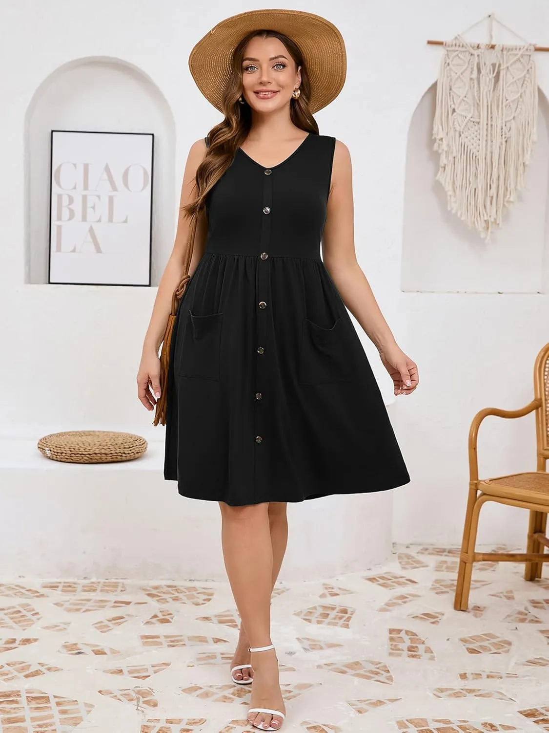 AusLook Plus Size Women Summer Dresses Sleeveless Casual Loose Swing Button Down Midi Dress with Pockets 1X-5X
