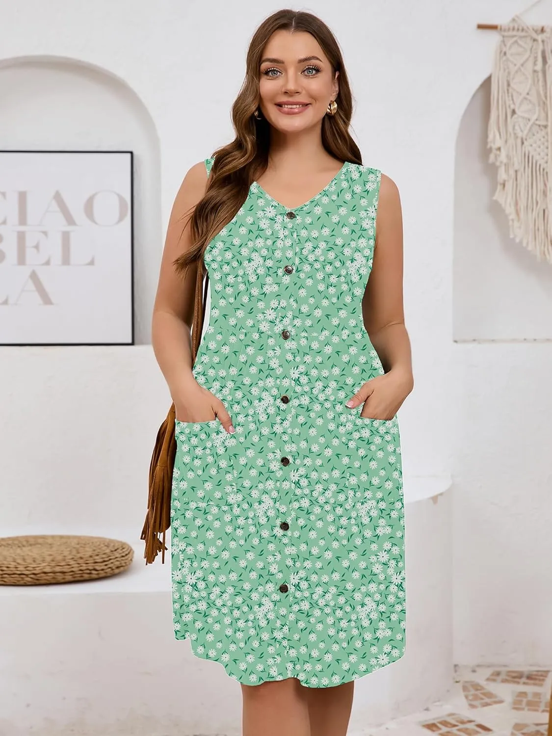 AusLook Plus Size Women Summer Dresses Sleeveless Casual Loose Swing Button Down Midi Dress with Pockets 1X-5X