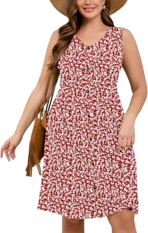 AusLook Plus Size Women Summer Dresses Sleeveless Casual Loose Swing Button Down Midi Dress with Pockets 1X-5X