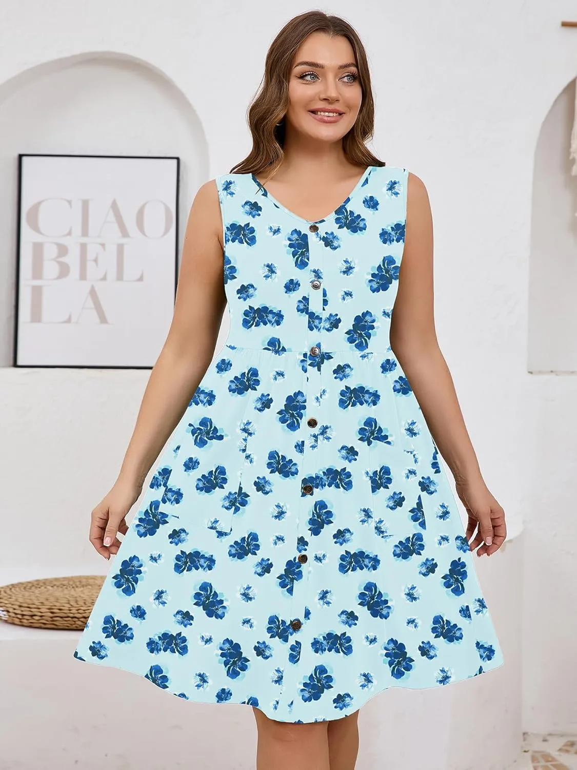 AusLook Plus Size Women Summer Dresses Sleeveless Casual Loose Swing Button Down Midi Dress with Pockets 1X-5X