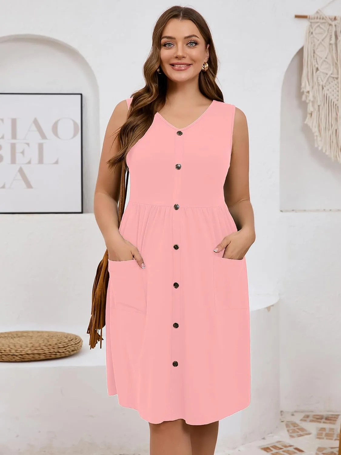 AusLook Plus Size Women Summer Dresses Sleeveless Casual Loose Swing Button Down Midi Dress with Pockets 1X-5X