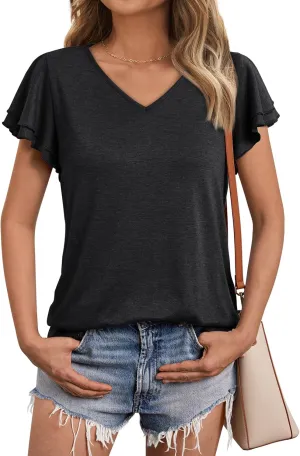 AUTOMET Womens Short Sleeve T-Shirts V Neck Tops Summer Fashion Dressy Casual Basic Ruffle Blouse Soft 2025 Spring Clothes