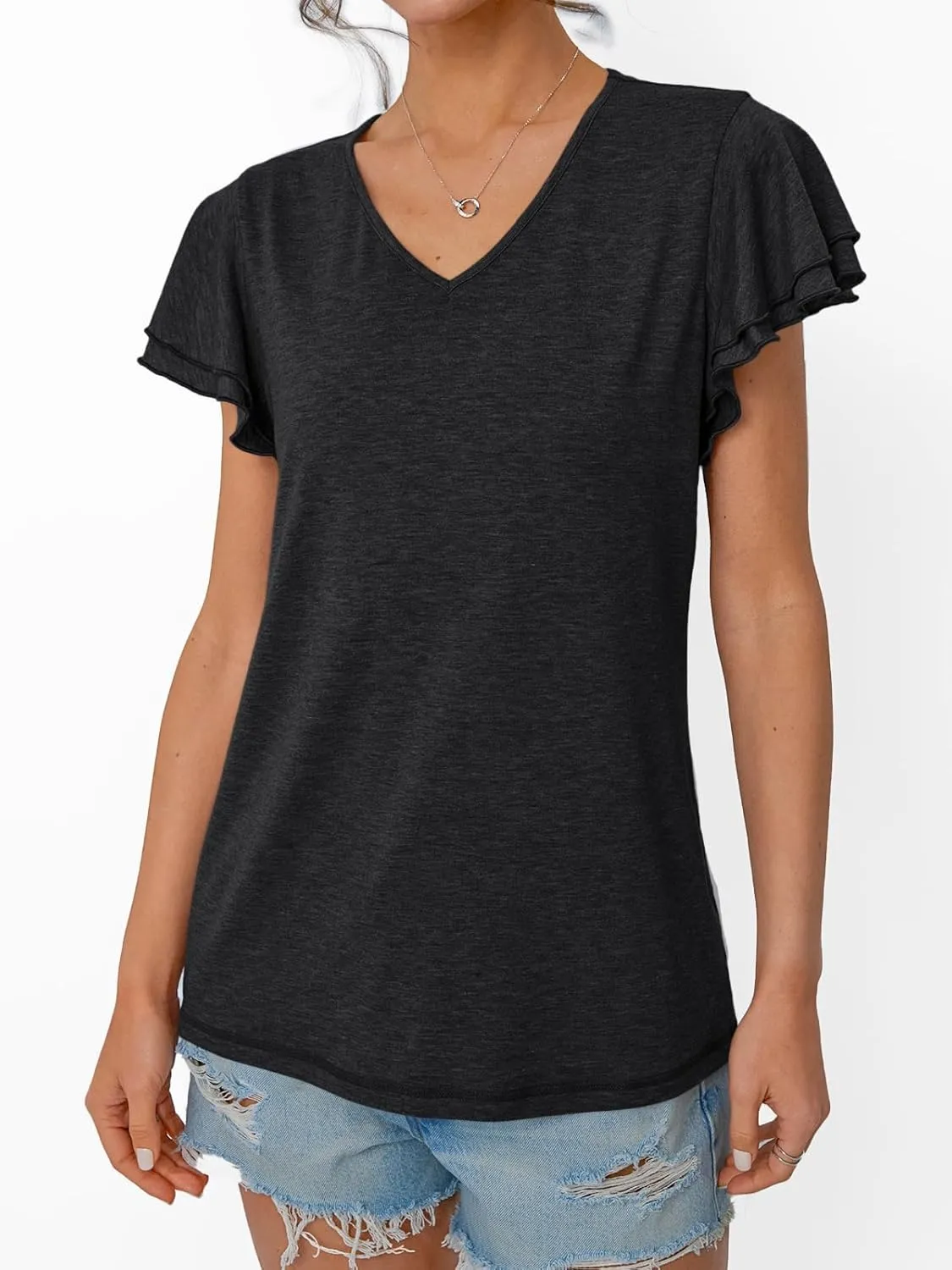 AUTOMET Womens Short Sleeve T-Shirts V Neck Tops Summer Fashion Dressy Casual Basic Ruffle Blouse Soft 2025 Spring Clothes