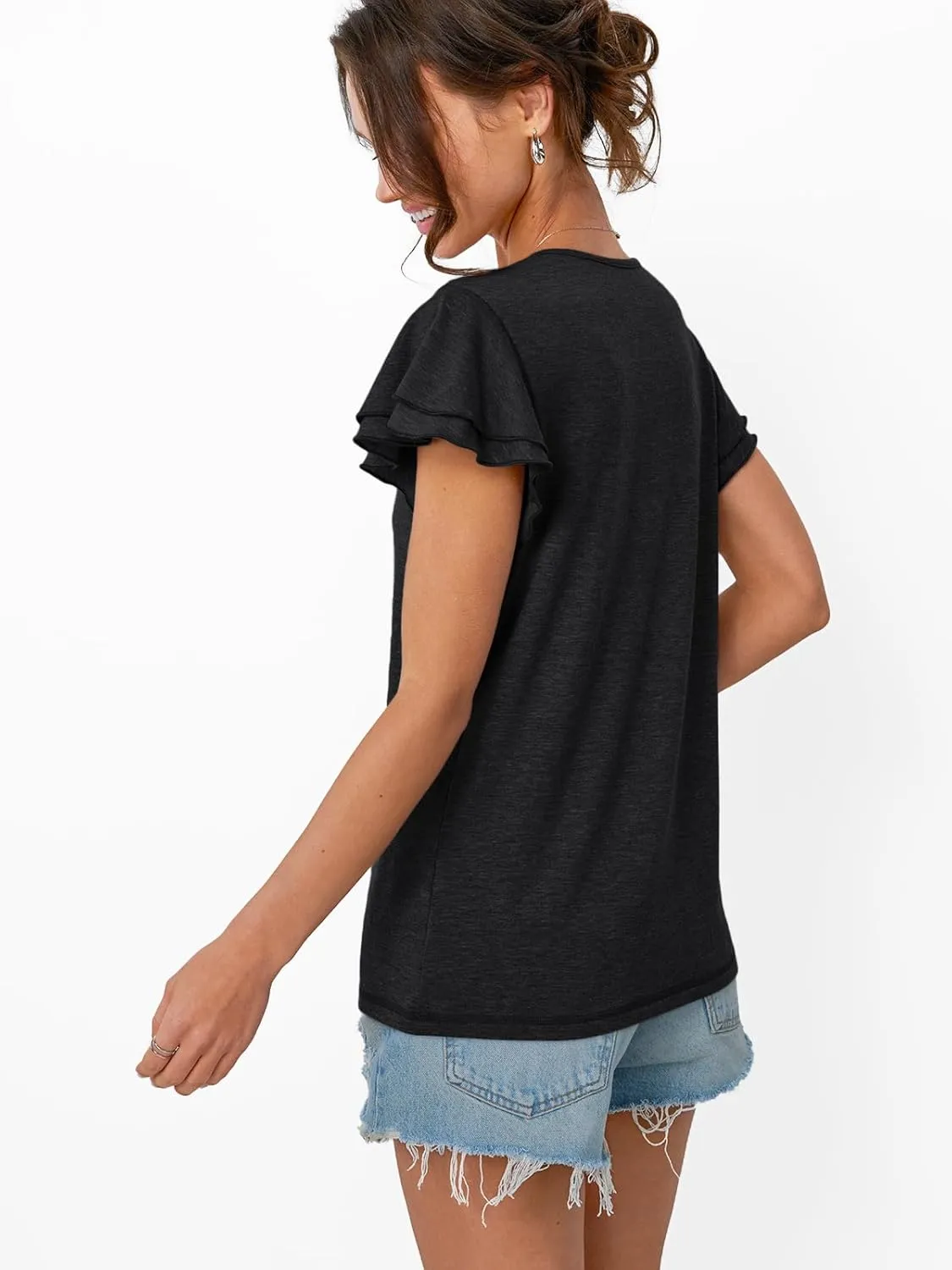 AUTOMET Womens Short Sleeve T-Shirts V Neck Tops Summer Fashion Dressy Casual Basic Ruffle Blouse Soft 2025 Spring Clothes