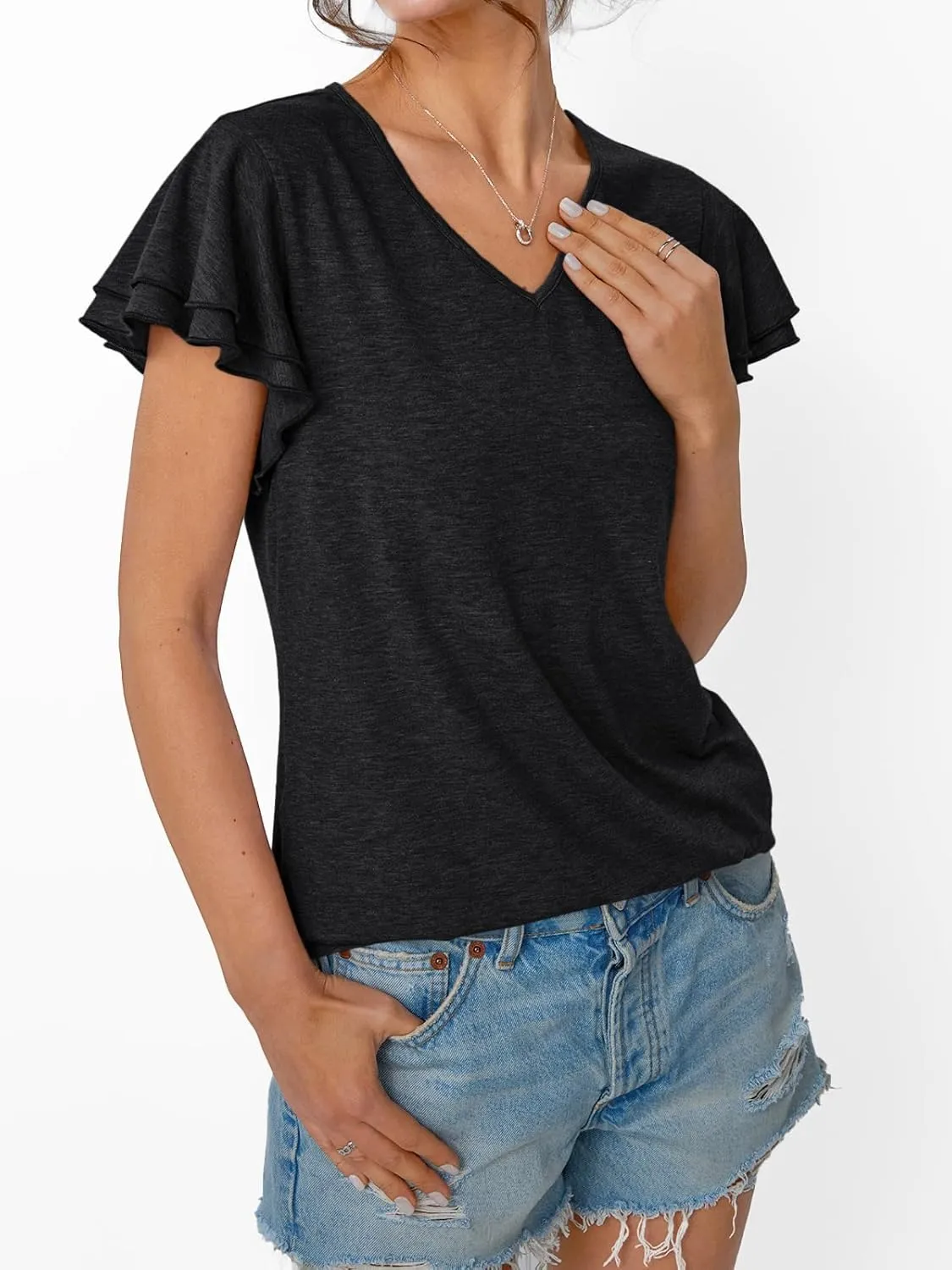 AUTOMET Womens Short Sleeve T-Shirts V Neck Tops Summer Fashion Dressy Casual Basic Ruffle Blouse Soft 2025 Spring Clothes