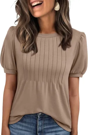 AUTOMET Womens Tops Short Sleeve T-Shirts Blouses Dressy Casual Business Puff Pleated Summer Fashion 2025 Basic Comfy Clothes