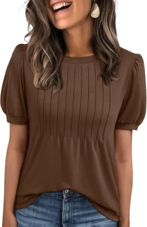 AUTOMET Womens Tops Short Sleeve T-Shirts Blouses Dressy Casual Business Puff Pleated Summer Fashion 2025 Basic Comfy Clothes