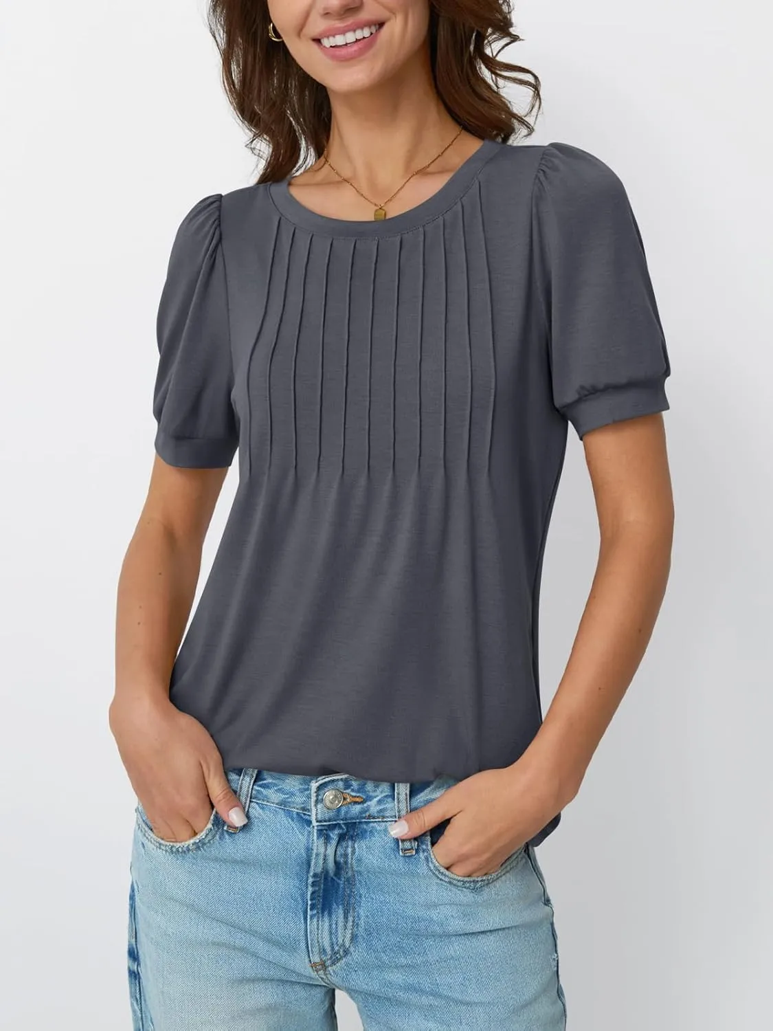 AUTOMET Womens Tops Short Sleeve T-Shirts Blouses Dressy Casual Business Puff Pleated Summer Fashion 2025 Basic Comfy Clothes