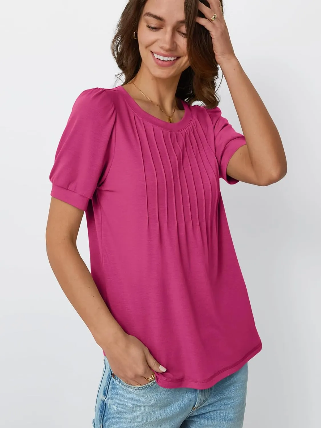 AUTOMET Womens Tops Short Sleeve T-Shirts Blouses Dressy Casual Business Puff Pleated Summer Fashion 2025 Basic Comfy Clothes