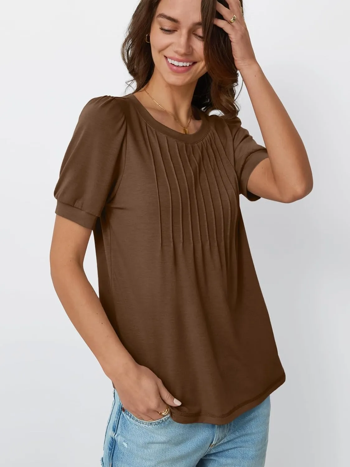 AUTOMET Womens Tops Short Sleeve T-Shirts Blouses Dressy Casual Business Puff Pleated Summer Fashion 2025 Basic Comfy Clothes