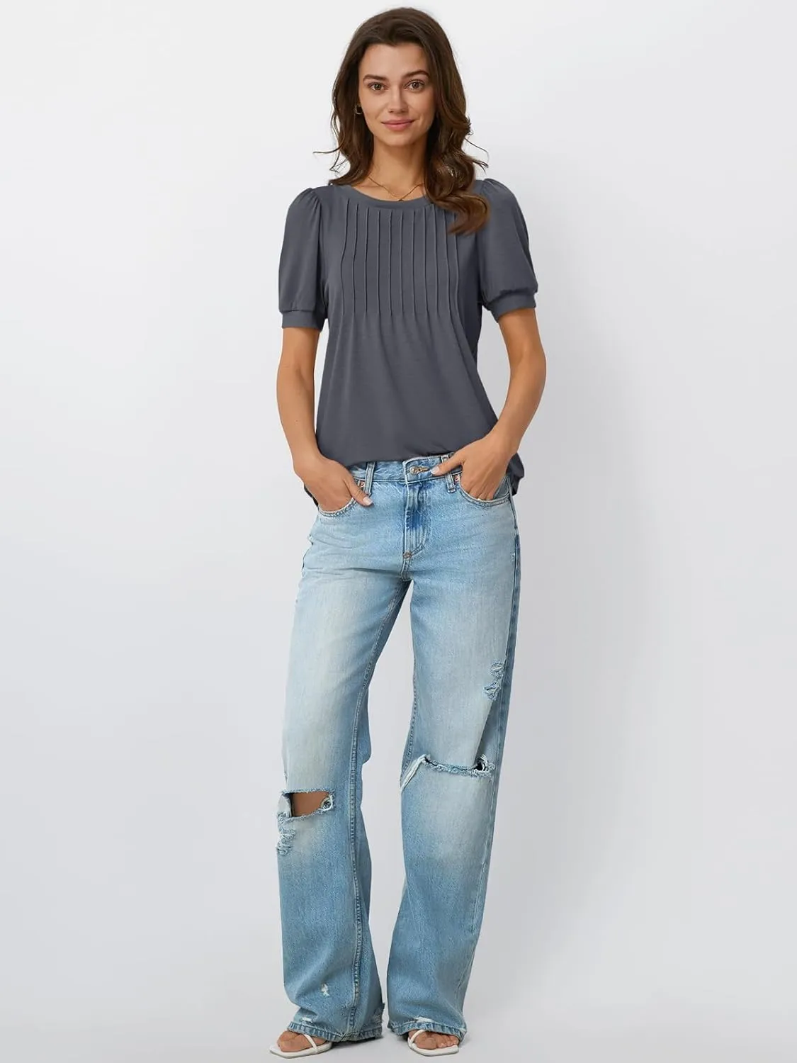 AUTOMET Womens Tops Short Sleeve T-Shirts Blouses Dressy Casual Business Puff Pleated Summer Fashion 2025 Basic Comfy Clothes