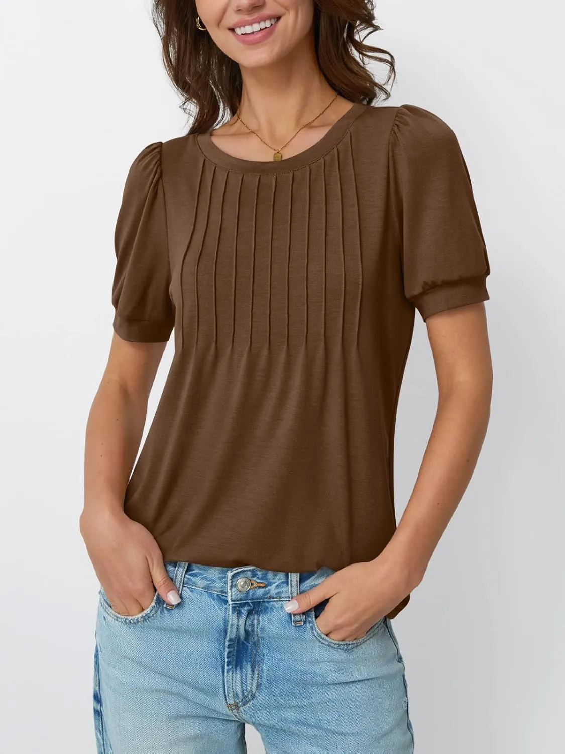 AUTOMET Womens Tops Short Sleeve T-Shirts Blouses Dressy Casual Business Puff Pleated Summer Fashion 2025 Basic Comfy Clothes
