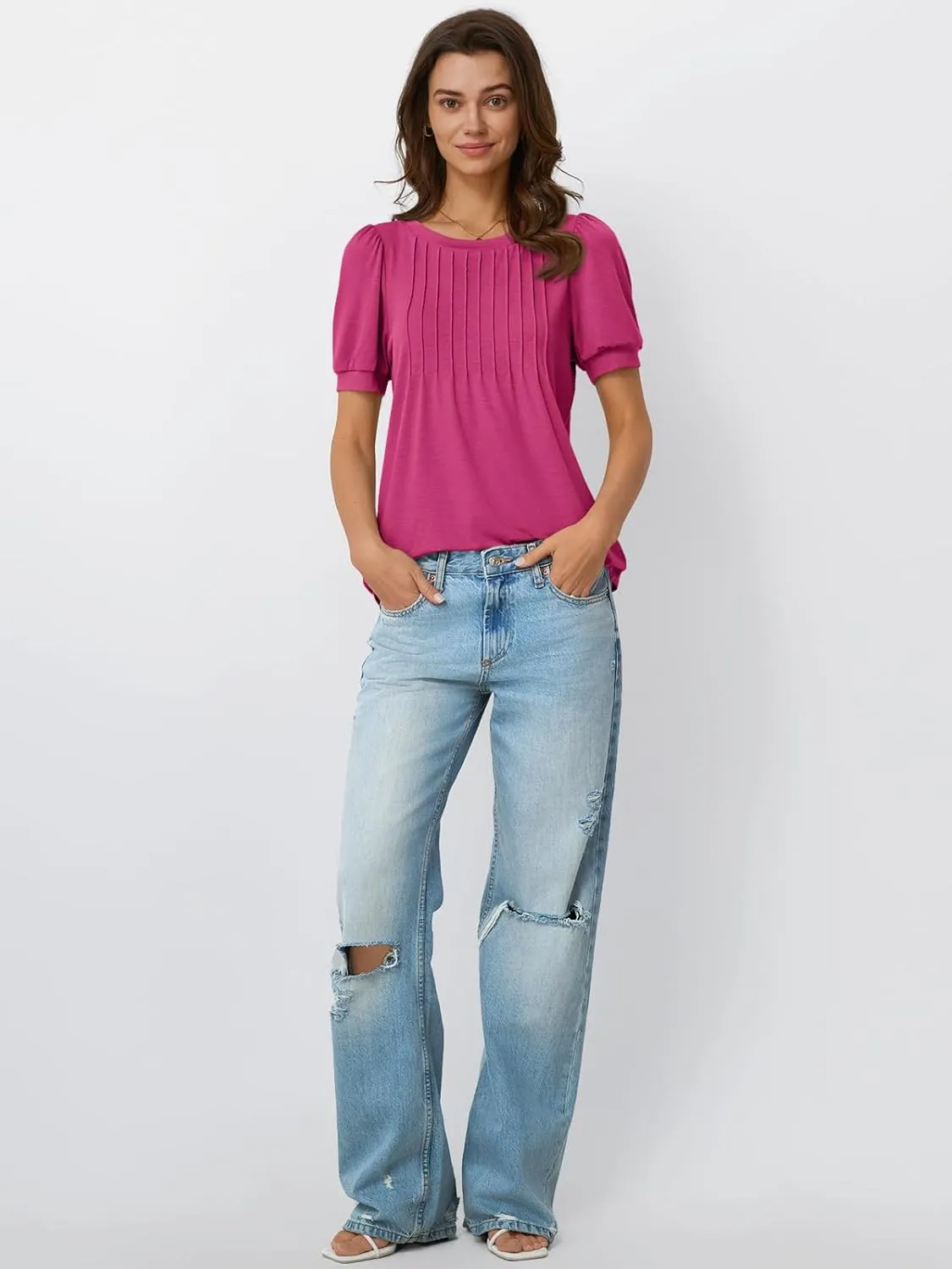 AUTOMET Womens Tops Short Sleeve T-Shirts Blouses Dressy Casual Business Puff Pleated Summer Fashion 2025 Basic Comfy Clothes
