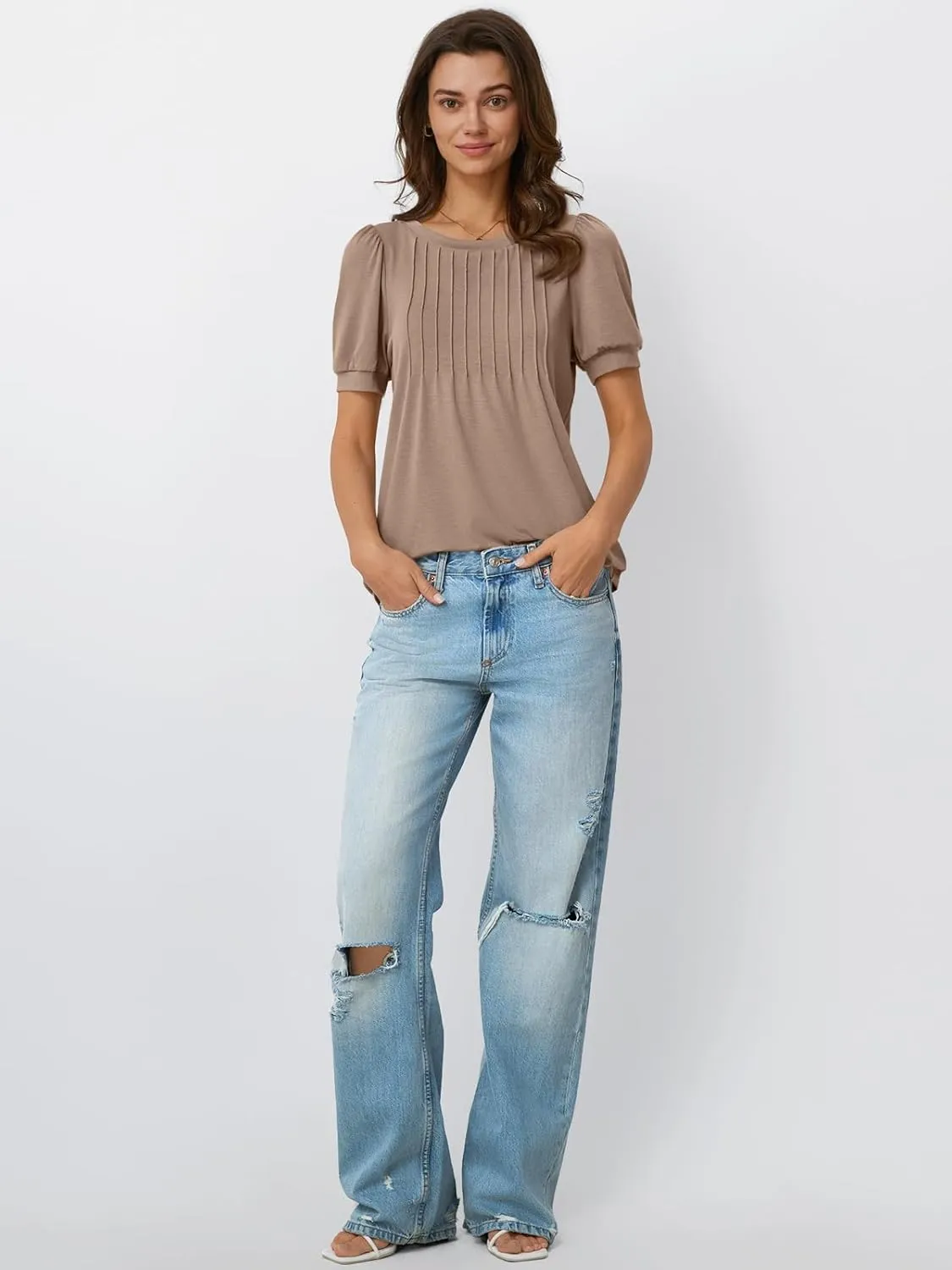 AUTOMET Womens Tops Short Sleeve T-Shirts Blouses Dressy Casual Business Puff Pleated Summer Fashion 2025 Basic Comfy Clothes