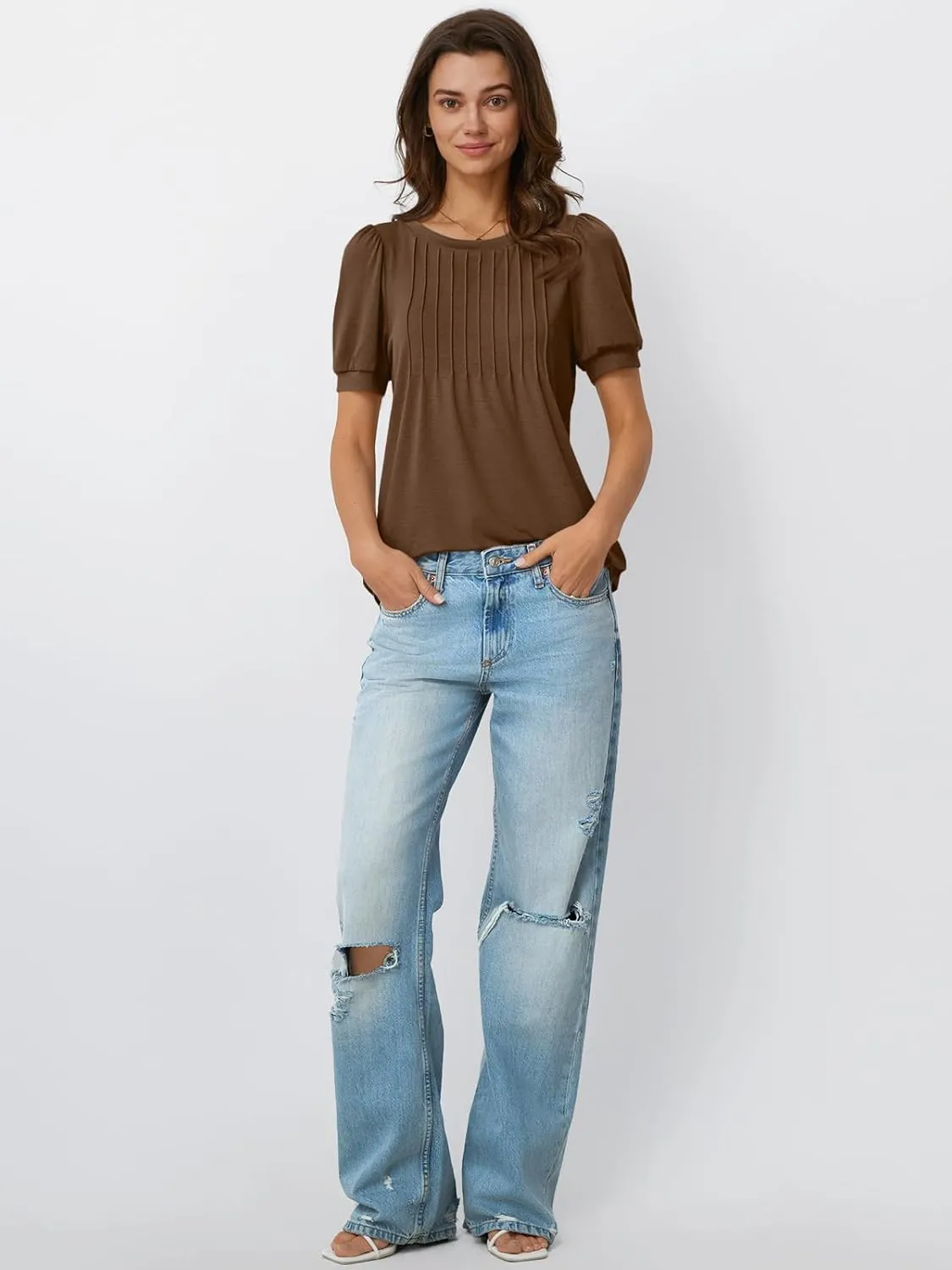 AUTOMET Womens Tops Short Sleeve T-Shirts Blouses Dressy Casual Business Puff Pleated Summer Fashion 2025 Basic Comfy Clothes