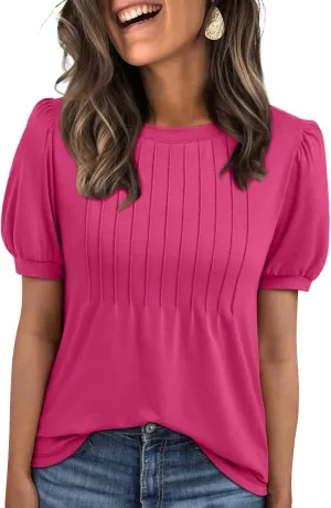 AUTOMET Womens Tops Short Sleeve T-Shirts Blouses Dressy Casual Business Puff Pleated Summer Fashion 2025 Basic Comfy Clothes