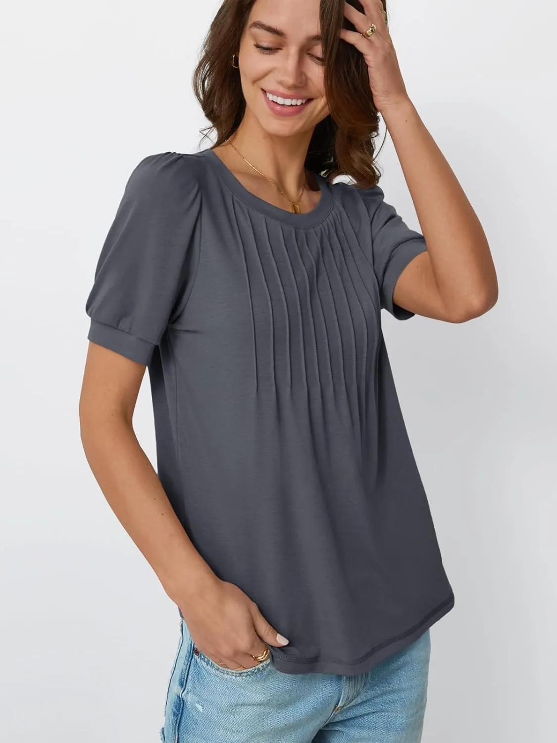 AUTOMET Womens Tops Short Sleeve T-Shirts Blouses Dressy Casual Business Puff Pleated Summer Fashion 2025 Basic Comfy Clothes