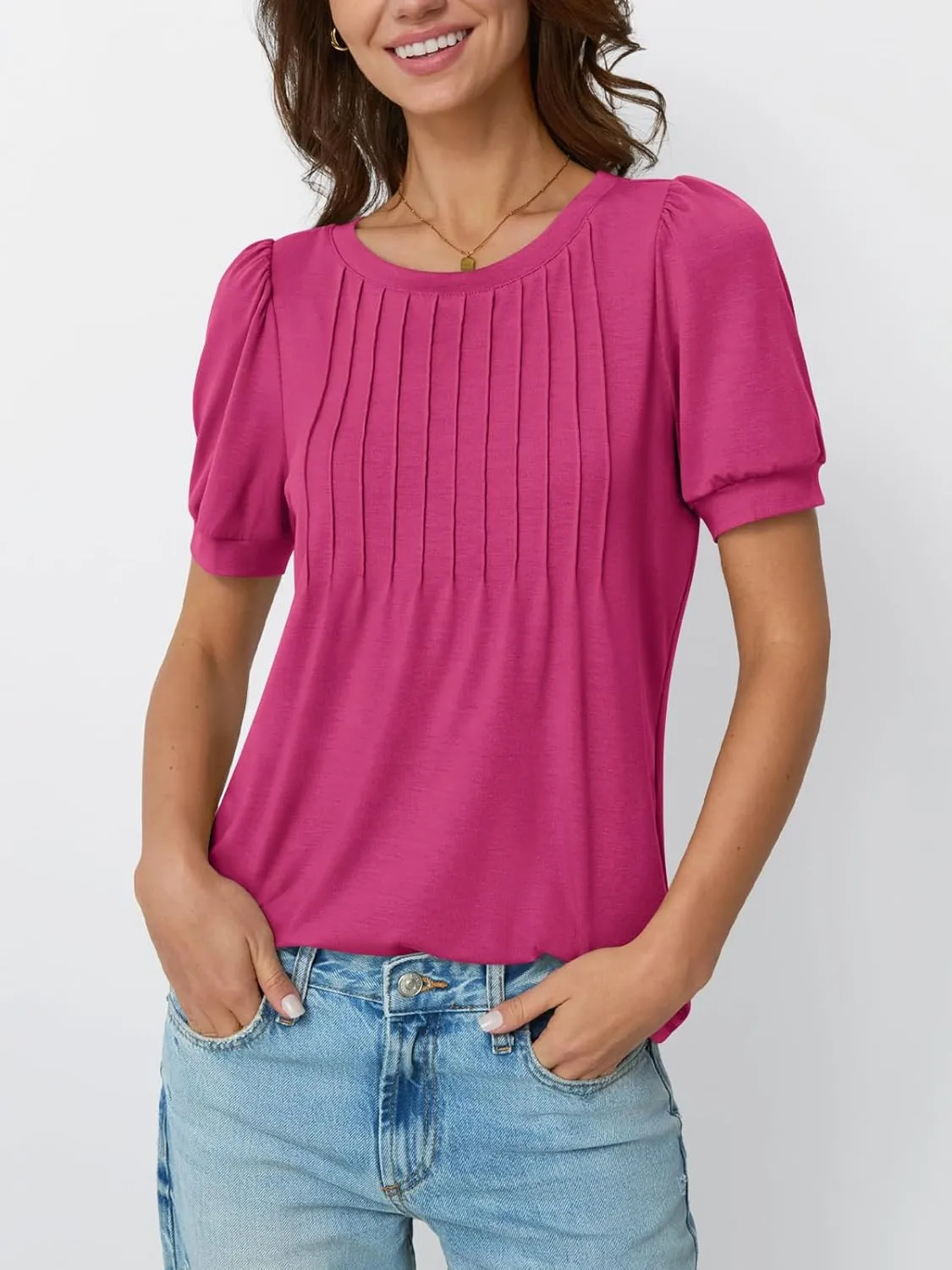 AUTOMET Womens Tops Short Sleeve T-Shirts Blouses Dressy Casual Business Puff Pleated Summer Fashion 2025 Basic Comfy Clothes