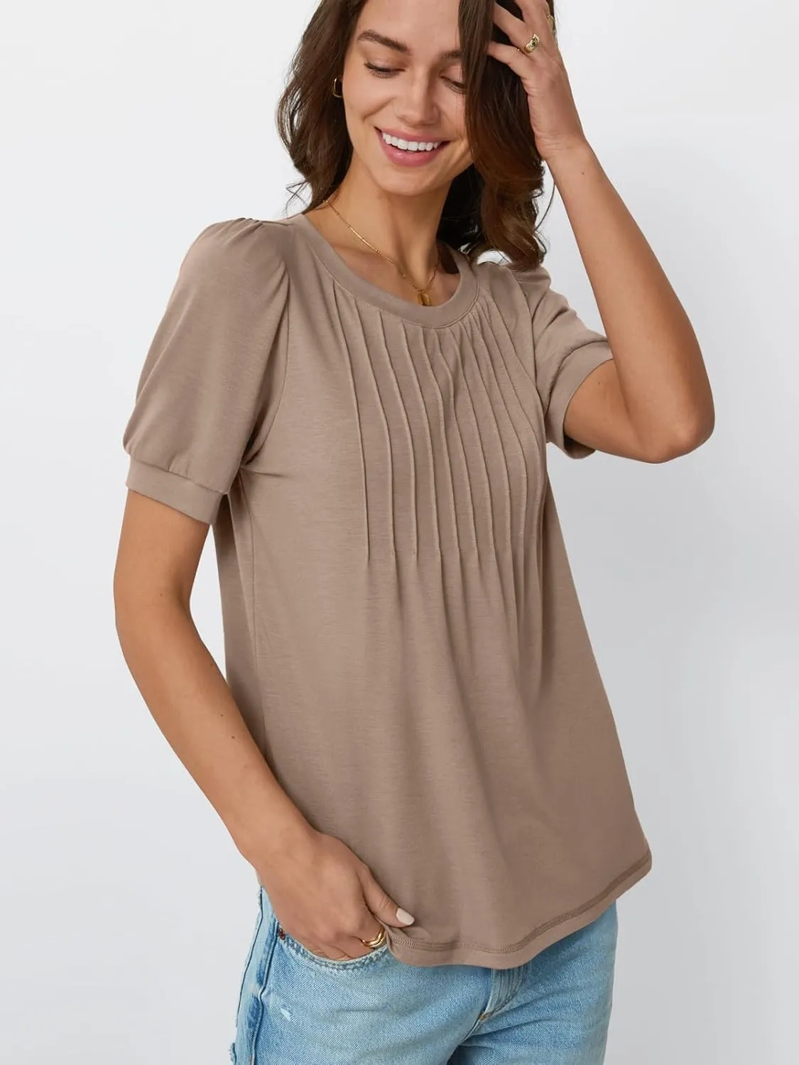 AUTOMET Womens Tops Short Sleeve T-Shirts Blouses Dressy Casual Business Puff Pleated Summer Fashion 2025 Basic Comfy Clothes
