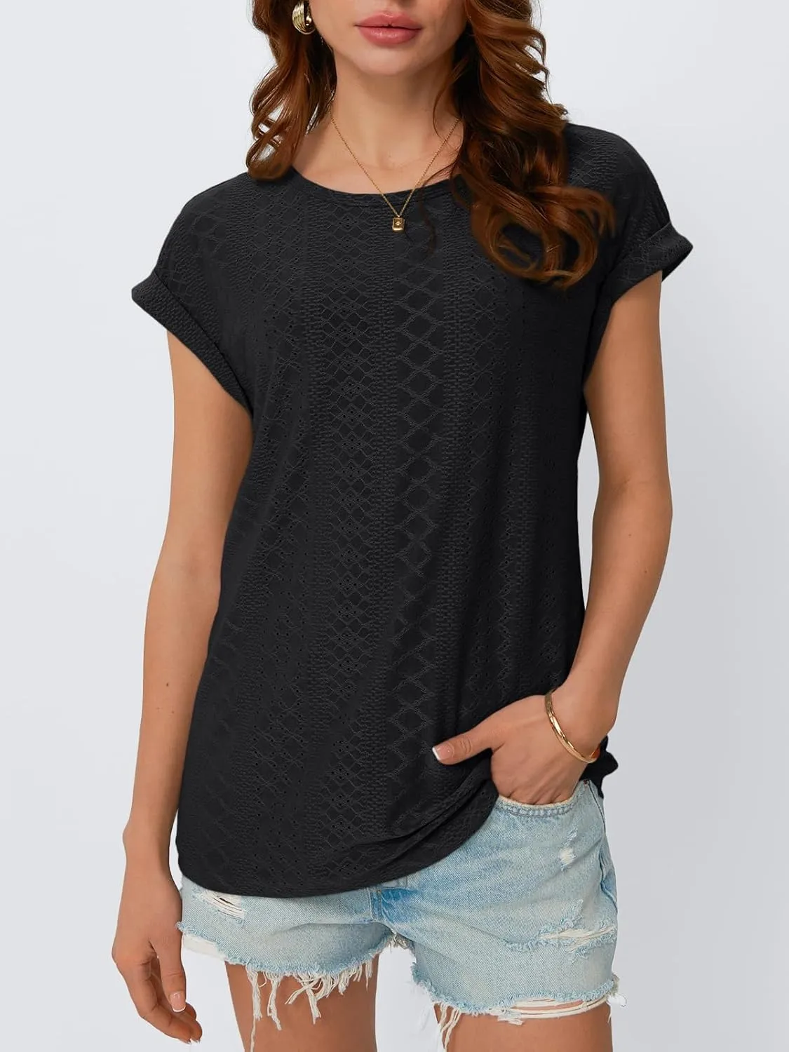 AUTOMET Womens Tops Short Sleeve T-Shirts Eyelet Embroidery Blouse Dressy Causal Spring Summer Fashion 2025 Trendy Clothes