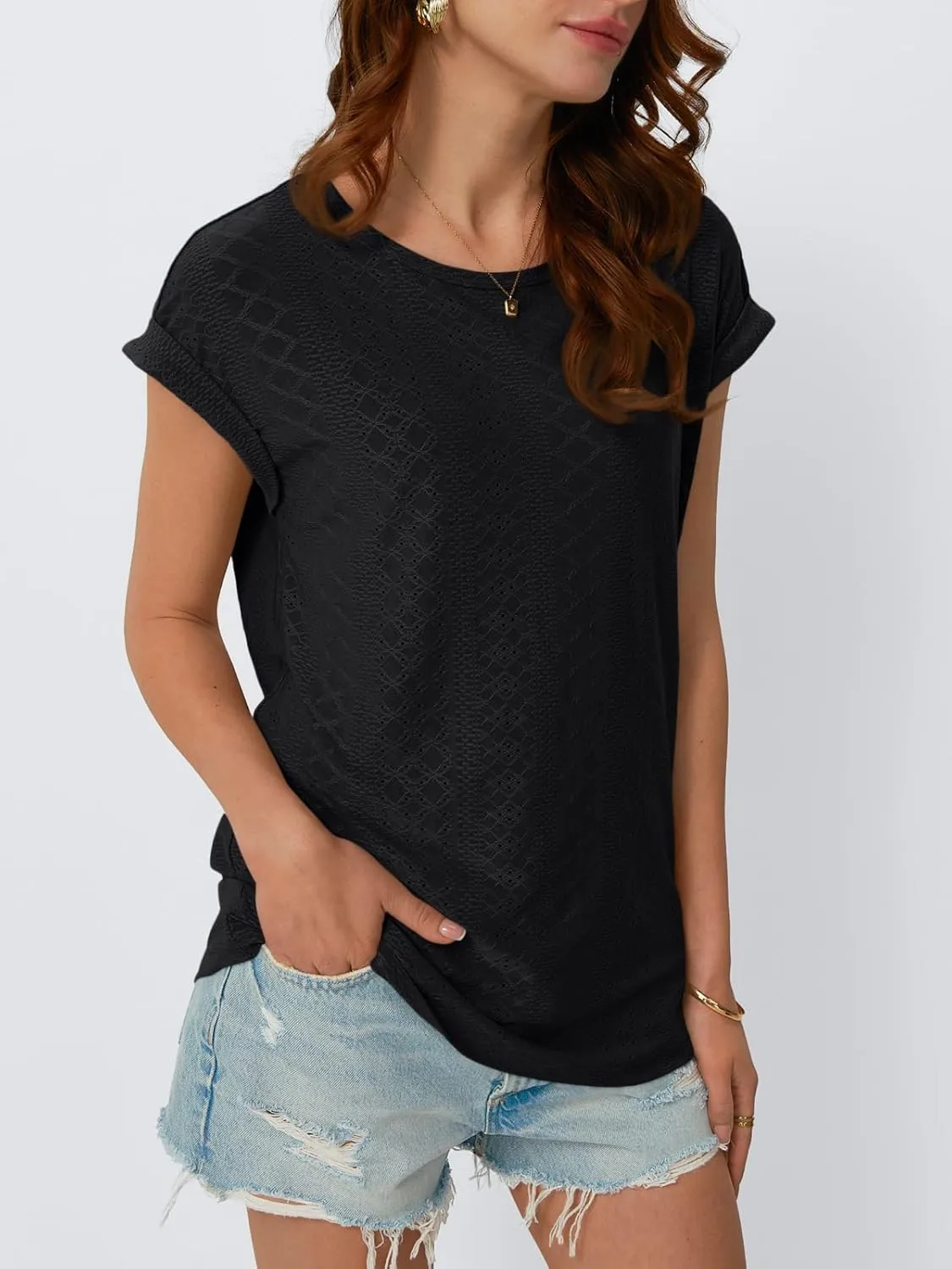 AUTOMET Womens Tops Short Sleeve T-Shirts Eyelet Embroidery Blouse Dressy Causal Spring Summer Fashion 2025 Trendy Clothes