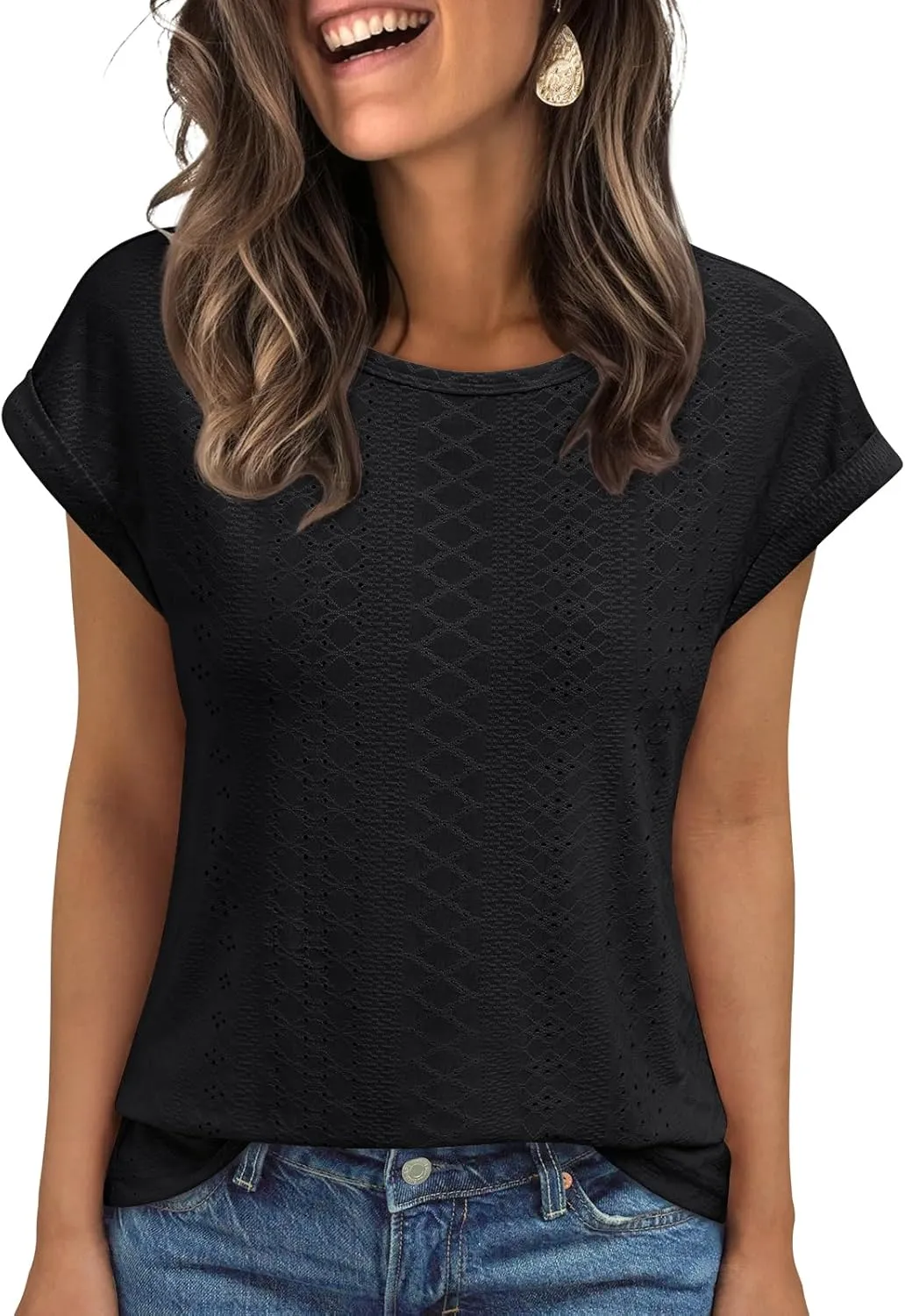 AUTOMET Womens Tops Short Sleeve T-Shirts Eyelet Embroidery Blouse Dressy Causal Spring Summer Fashion 2025 Trendy Clothes