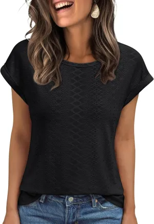 AUTOMET Womens Tops Short Sleeve T-Shirts Eyelet Embroidery Blouse Dressy Causal Spring Summer Fashion 2025 Trendy Clothes