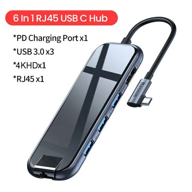 Baseus USB Type C HUB: 5-in-1 and 6-in-1 Configurations with 4KHD, USB 3.0, RJ45, and Type C PD Charging for MacBook Pro Air