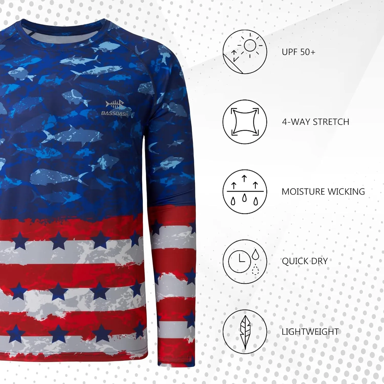 BASSDASH Mens UPF 50  Camo Fishing Shirt Quick Dry Long Sleeve Kayaking Hiking T-Shirts