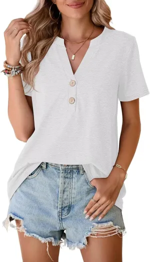 BELAROI Plus Size T Shirts for Women Tops Summer Casual Short Sleeve Henley V Neck Button Up Tunic Loose Fit