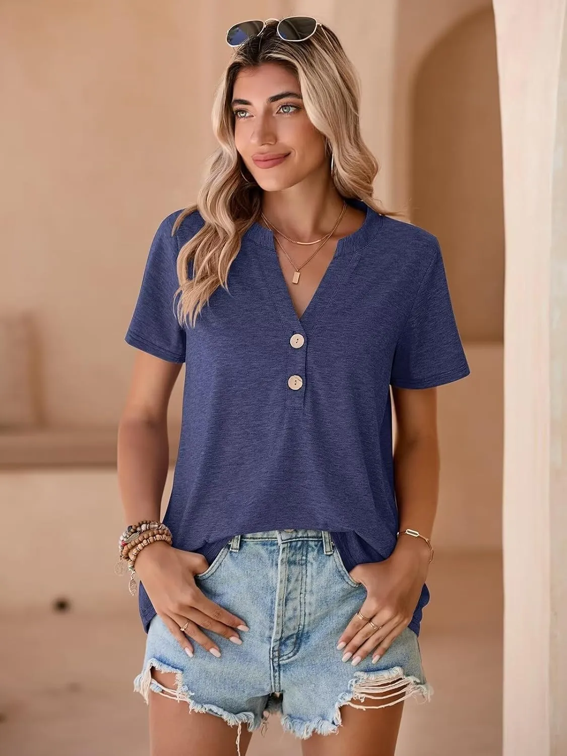 BELAROI Plus Size T Shirts for Women Tops Summer Casual Short Sleeve Henley V Neck Button Up Tunic Loose Fit