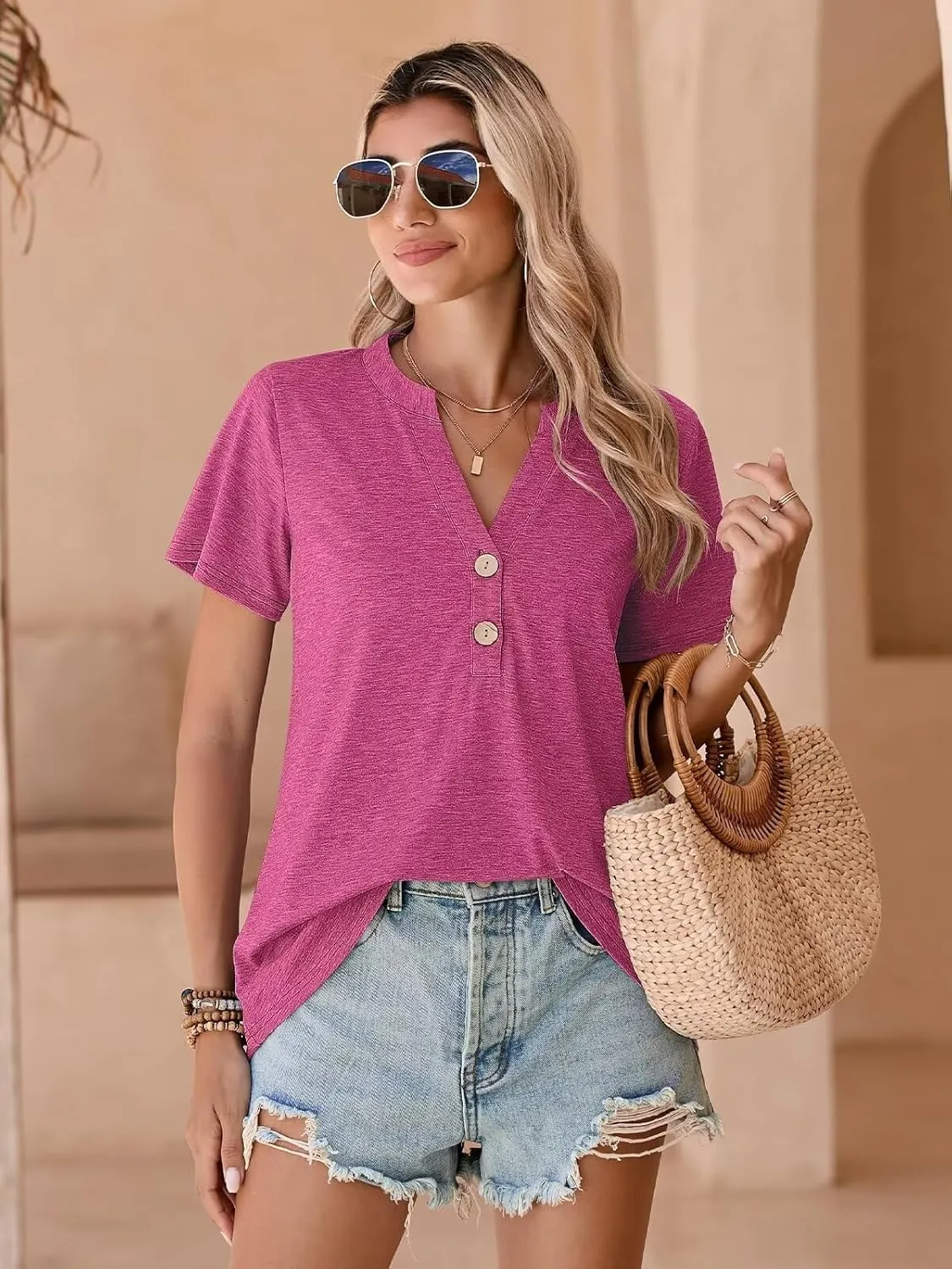 BELAROI Plus Size T Shirts for Women Tops Summer Casual Short Sleeve Henley V Neck Button Up Tunic Loose Fit