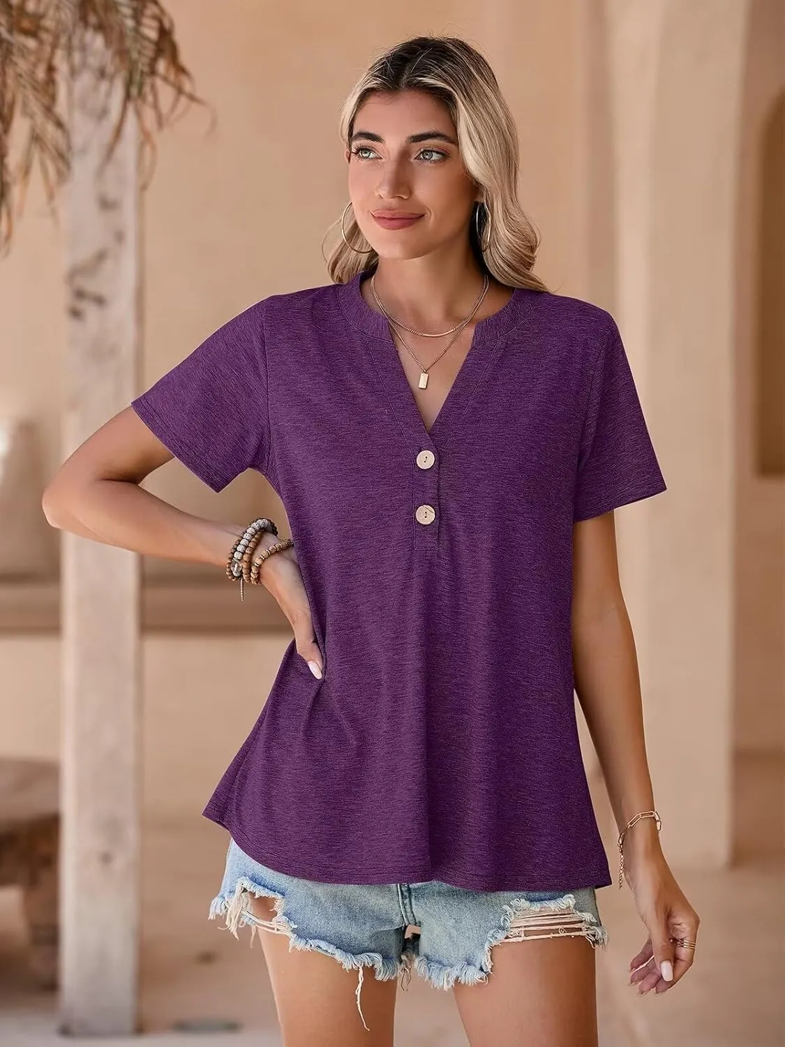 BELAROI Plus Size T Shirts for Women Tops Summer Casual Short Sleeve Henley V Neck Button Up Tunic Loose Fit