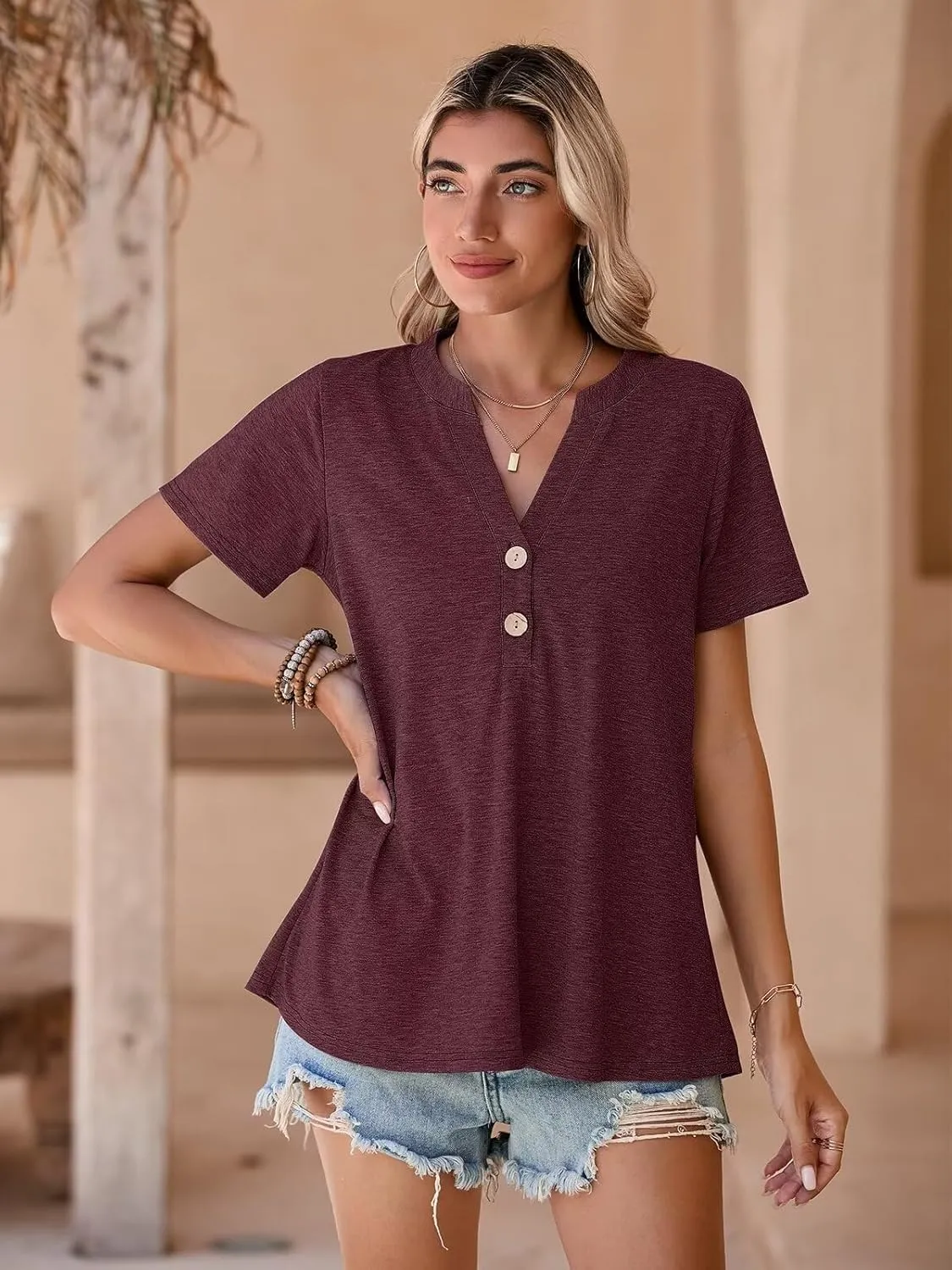 BELAROI Plus Size T Shirts for Women Tops Summer Casual Short Sleeve Henley V Neck Button Up Tunic Loose Fit