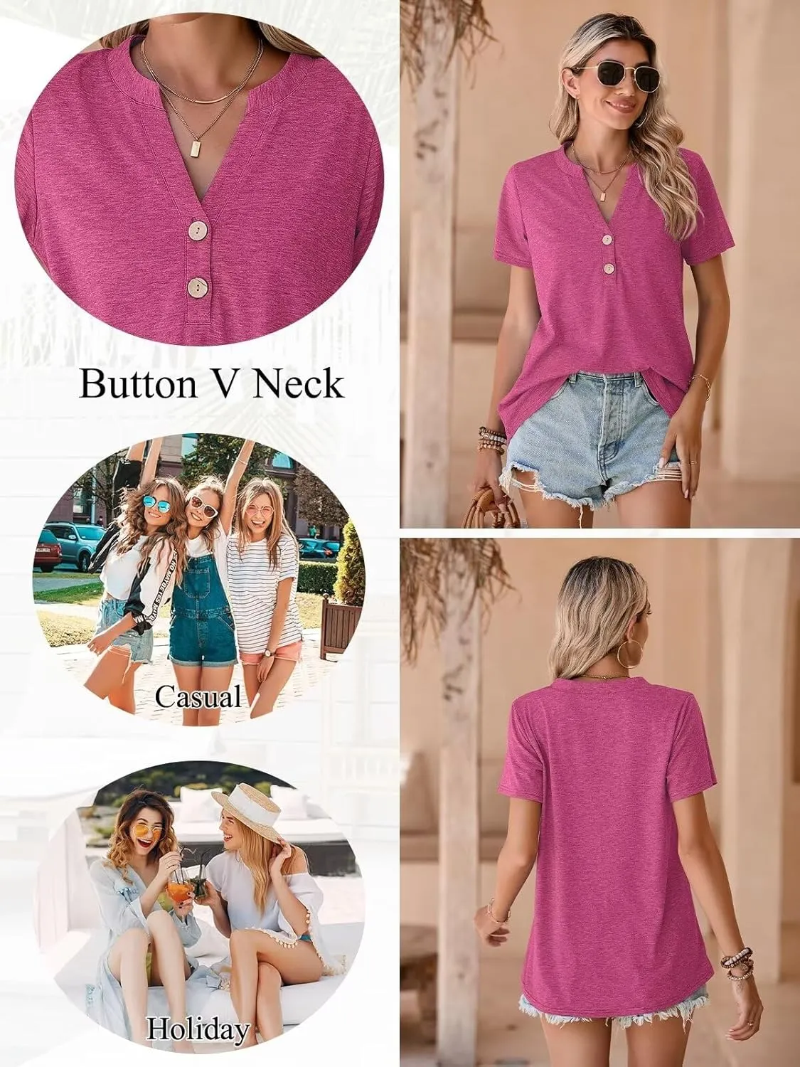 BELAROI Plus Size T Shirts for Women Tops Summer Casual Short Sleeve Henley V Neck Button Up Tunic Loose Fit