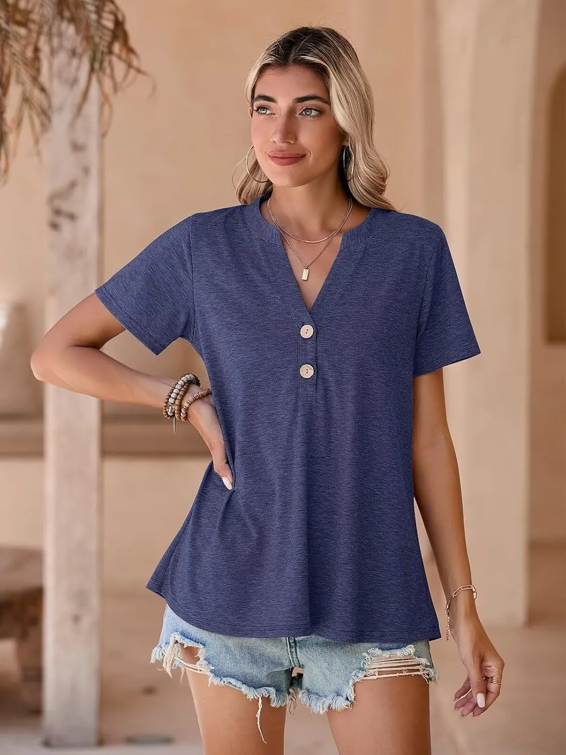 BELAROI Plus Size T Shirts for Women Tops Summer Casual Short Sleeve Henley V Neck Button Up Tunic Loose Fit