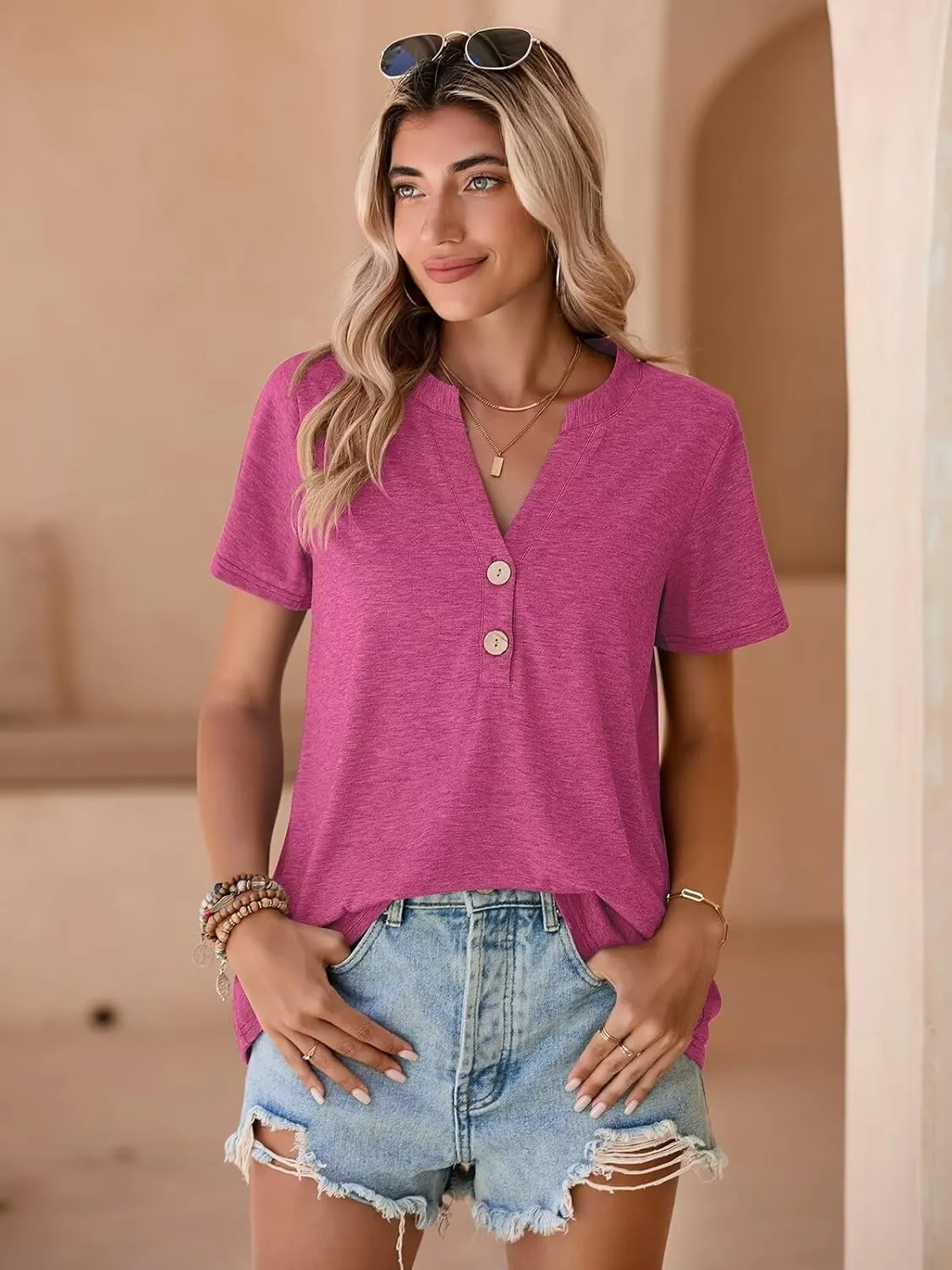 BELAROI Plus Size T Shirts for Women Tops Summer Casual Short Sleeve Henley V Neck Button Up Tunic Loose Fit