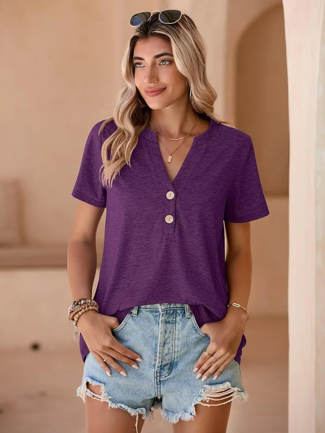 BELAROI Plus Size T Shirts for Women Tops Summer Casual Short Sleeve Henley V Neck Button Up Tunic Loose Fit