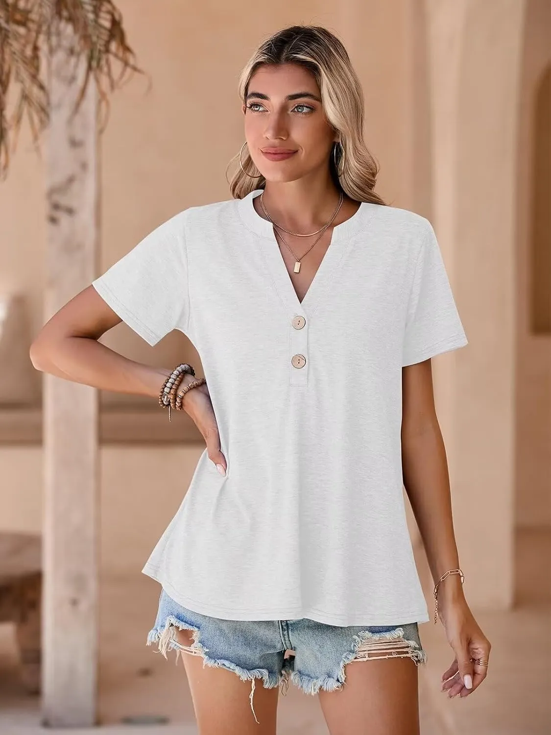 BELAROI Plus Size T Shirts for Women Tops Summer Casual Short Sleeve Henley V Neck Button Up Tunic Loose Fit