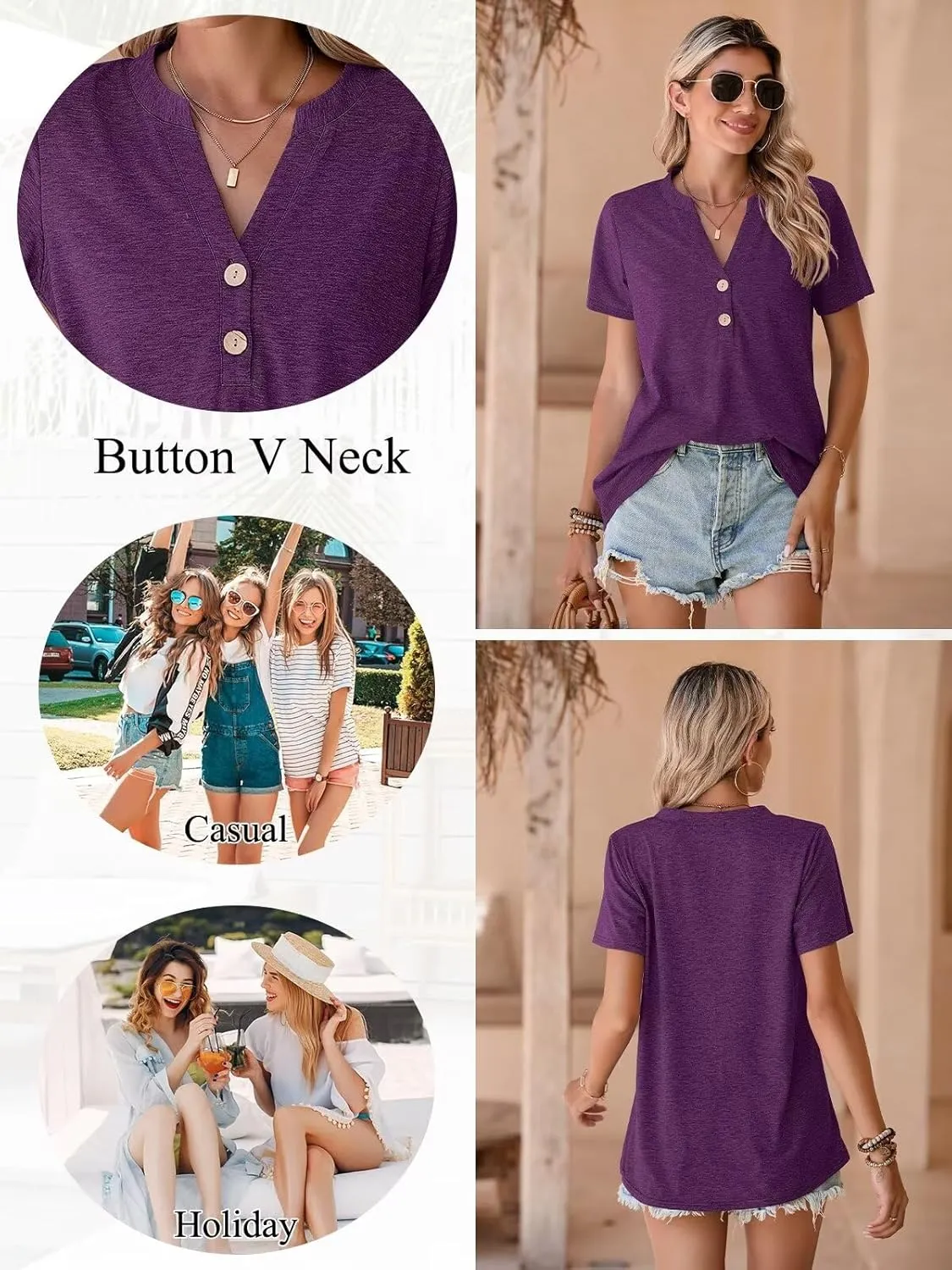 BELAROI Plus Size T Shirts for Women Tops Summer Casual Short Sleeve Henley V Neck Button Up Tunic Loose Fit