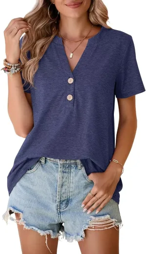 BELAROI Plus Size T Shirts for Women Tops Summer Casual Short Sleeve Henley V Neck Button Up Tunic Loose Fit