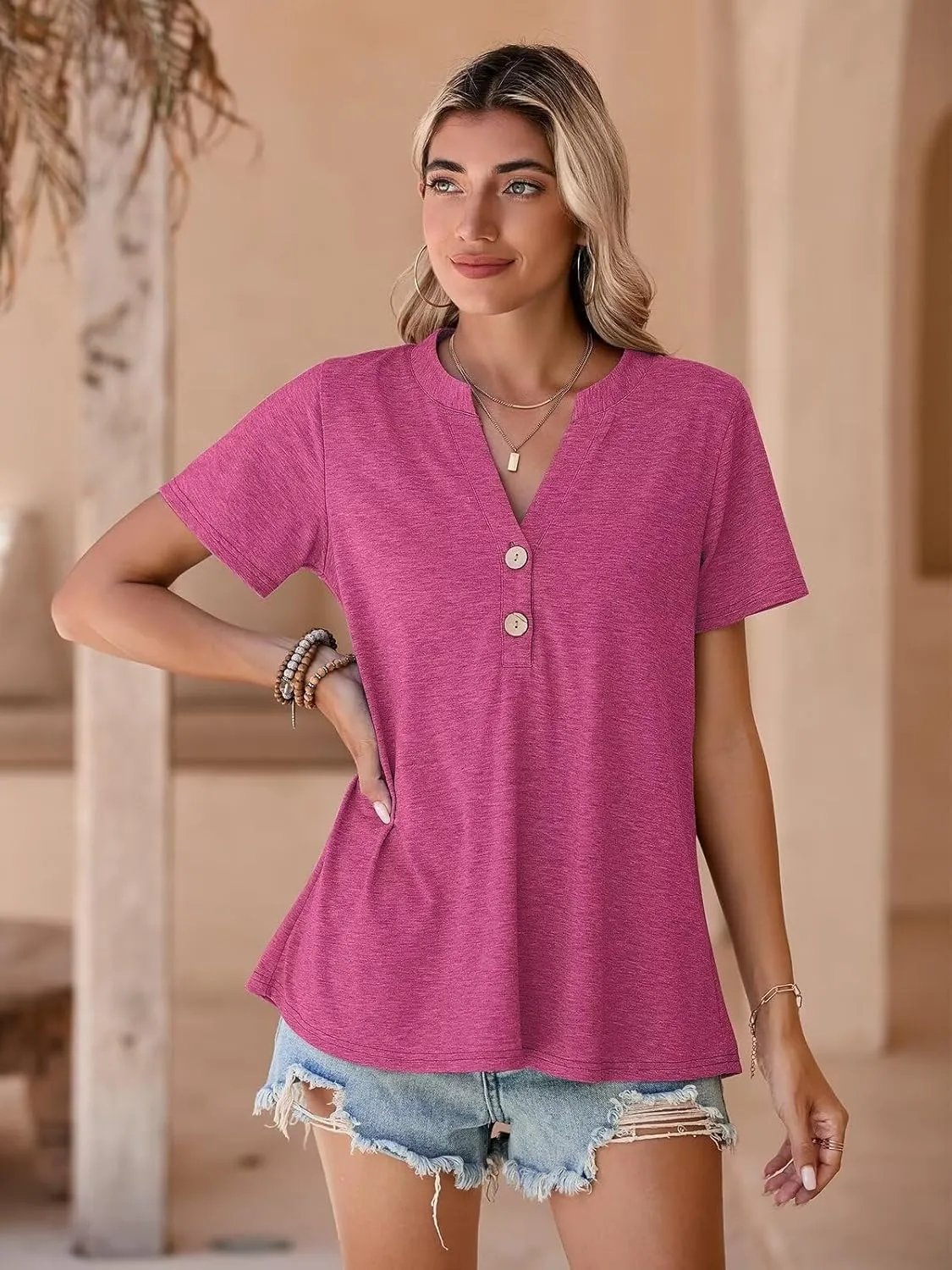 BELAROI Plus Size T Shirts for Women Tops Summer Casual Short Sleeve Henley V Neck Button Up Tunic Loose Fit