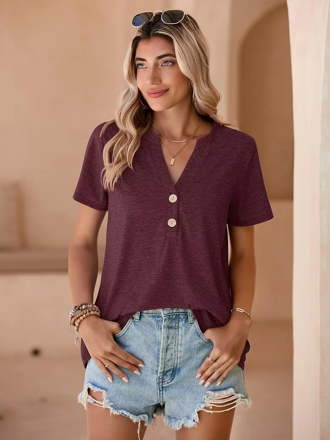 BELAROI Plus Size T Shirts for Women Tops Summer Casual Short Sleeve Henley V Neck Button Up Tunic Loose Fit